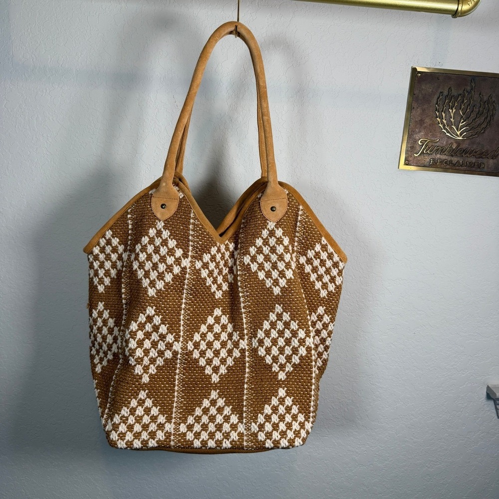 Panache Apparel Tan Woven Geometric Diamond Pattern Tote Shoulder Bag Boho - Picture 7 of 7